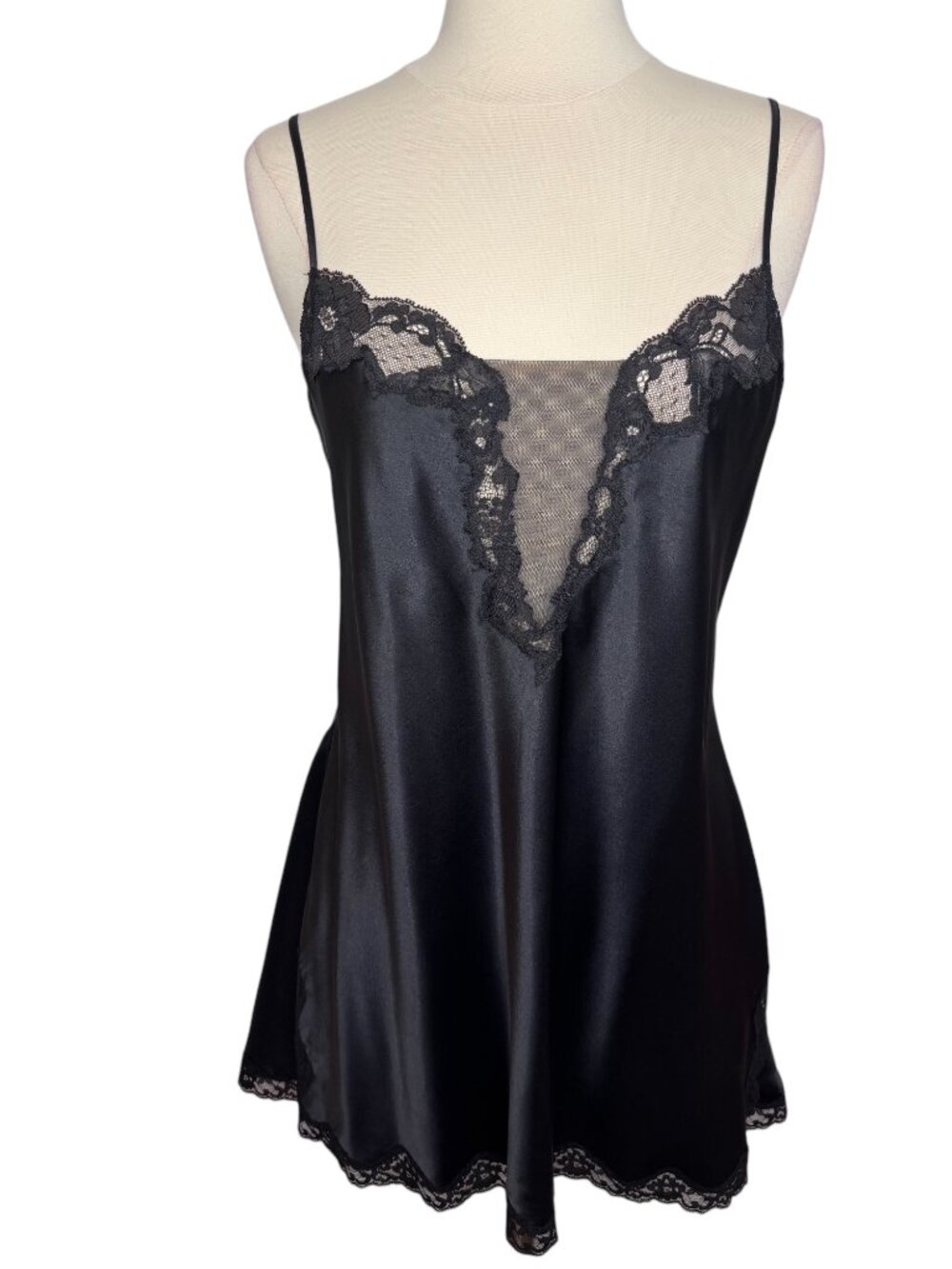 Victoria's Secret Y2K Black Satin Lace Detail Slip Dress Lingerie Size Large